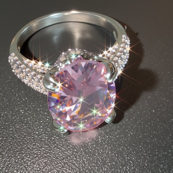 Fashion Jewelry Jewelry - Stunning Sterling Silver Ring With Large Pink Oval Cubic Zirconia & Pave Band